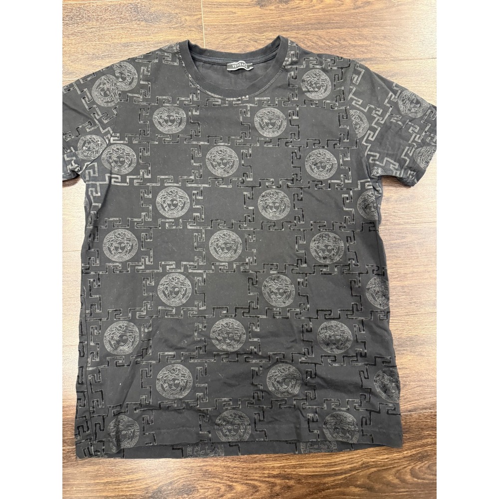Versace Medusa Greek Key All Over Print Black T Shirt Men's M Designer Luxury